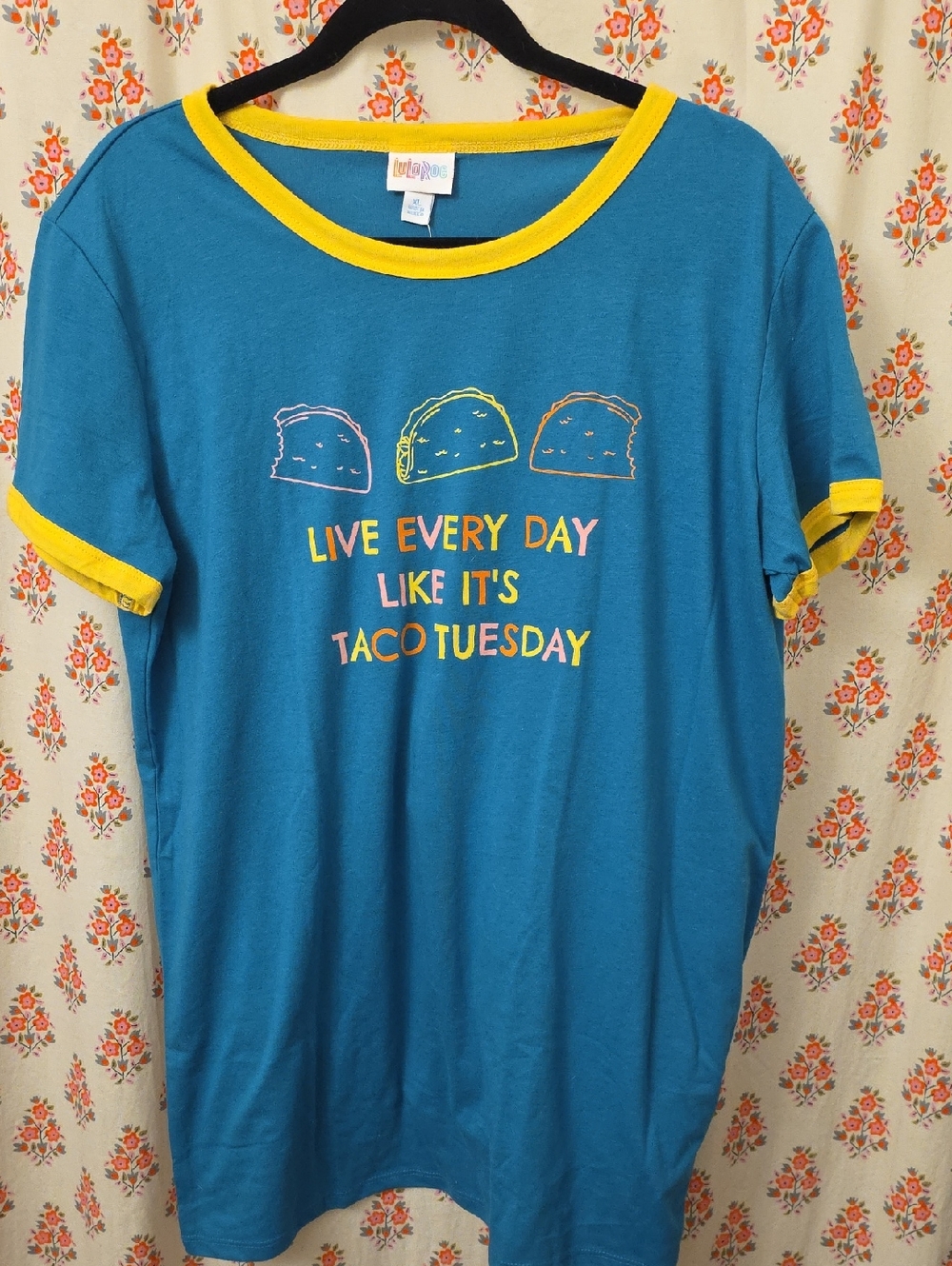 LuLaRoe Teal Blue Tee with Yellow Trim and Taco Graphic